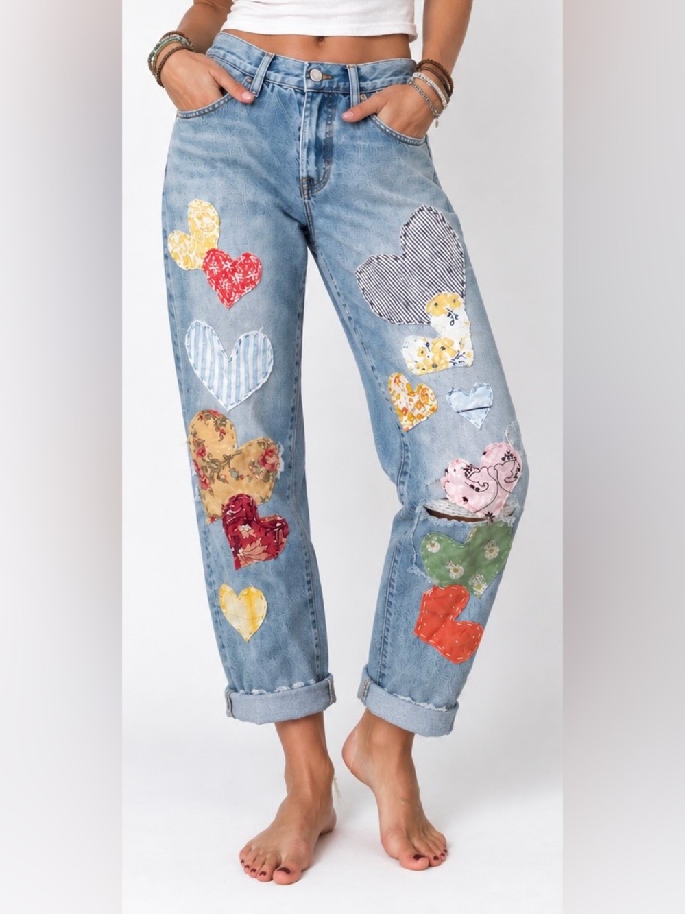 Upcycled H&M Light Wash Jeans with Multicolor Heart Patches